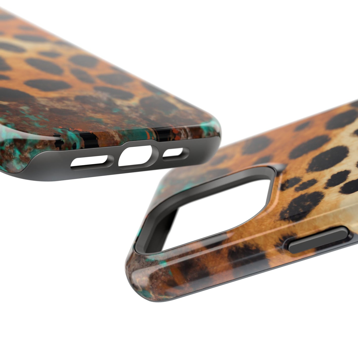 Rustic Leopard Print Tough MagSafe iPhone Case – Distressed Turquoise and Animal Pattern with Dual-Layer Protection