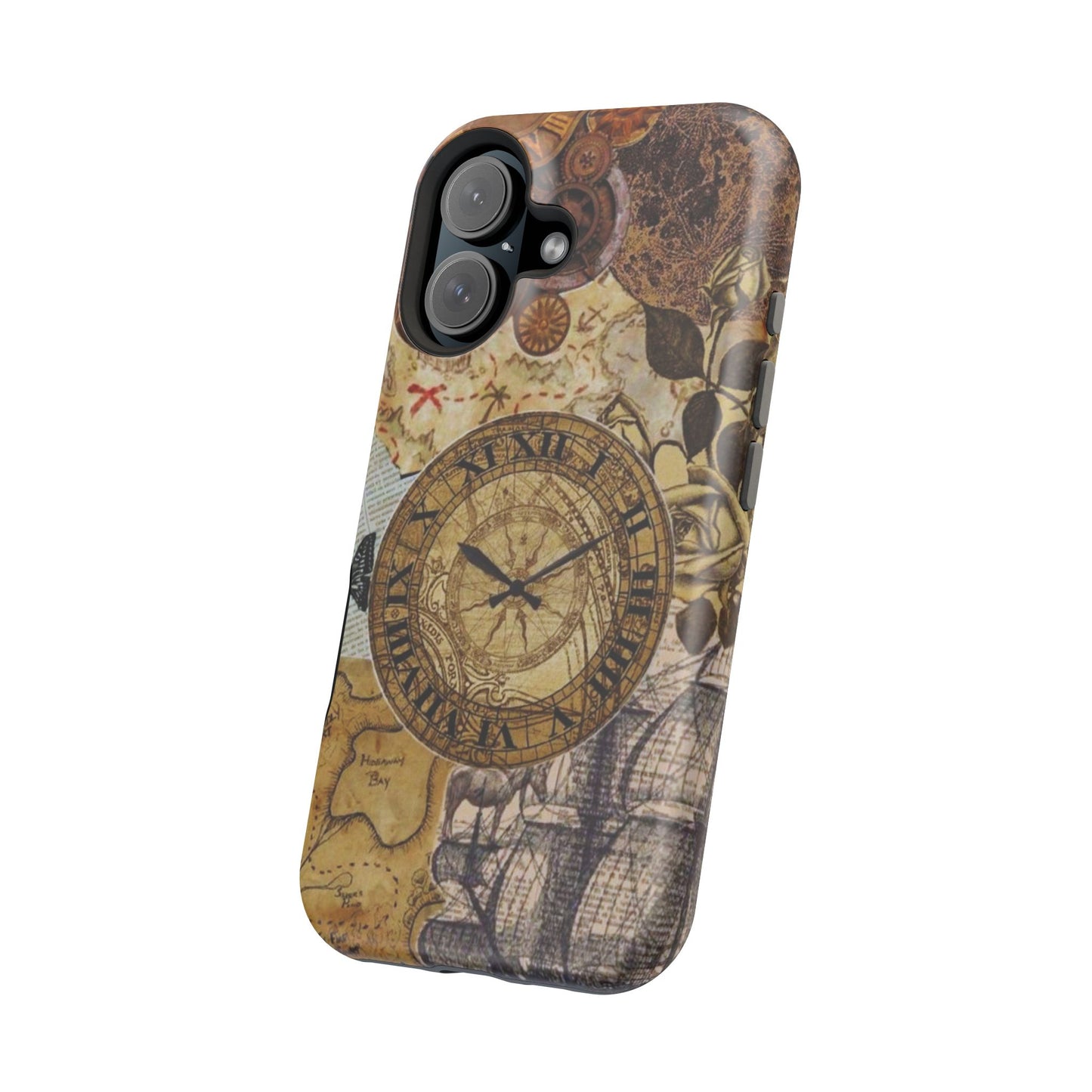 Steampunk Vintage Adventure MagSafe iPhone Case – Dual-Layer Protection with Antique Map and Clock Design