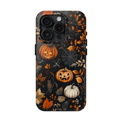 Elegant Halloween iPhone Case – Pumpkin Jack-o'-Lanterns, Cobwebs & Autumn Foliage Design