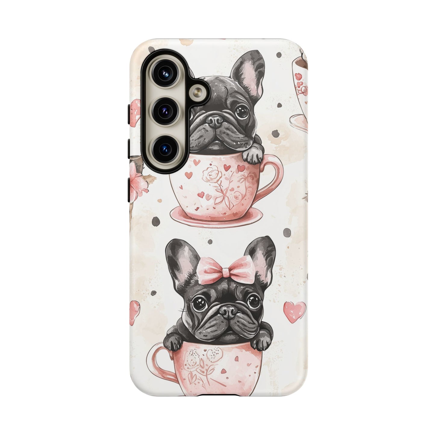 French Bulldogs in Teacups Samsung Galaxy Case – Cute Dog Design with Hearts & Bows, Shockproof & Slim