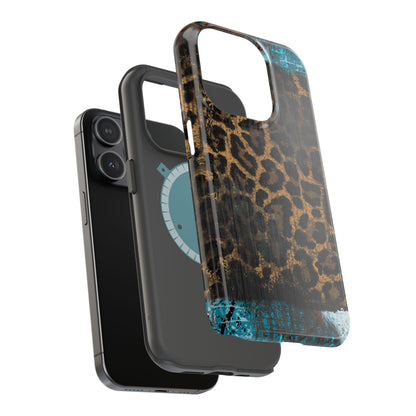 Boho Leopard and Turquoise Tough MagSafe iPhone Case – Rustic Western Design with Dual-Layer Protection