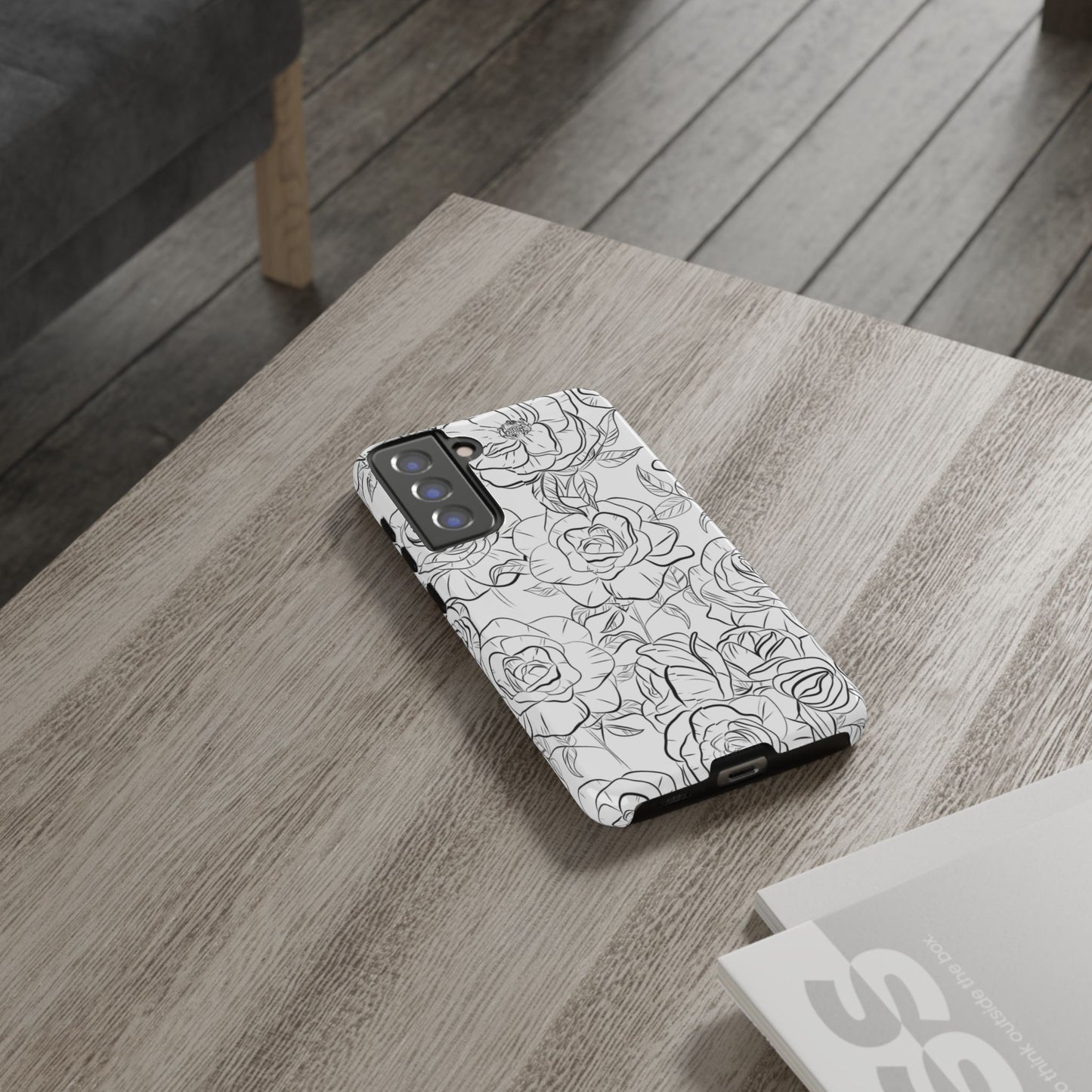 Monochrome Rose Garden Tough Samsung Galaxy Case – Elegant Floral Line Art with Dual-Layer Protection