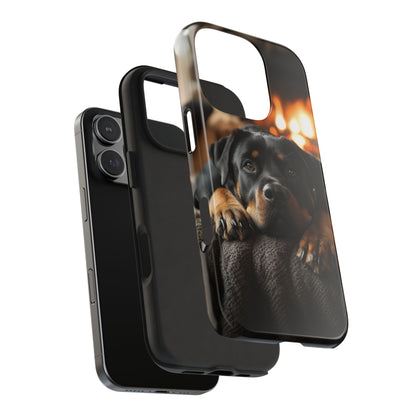 Cozy Rottweiler by the Fireplace iPhone Case – Warm Rustic Design