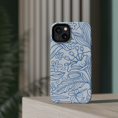 Dusty Blue Floral Line Art Tough MagSafe iPhone Case – Minimalist Botanical Design with Dual-Layer Protection