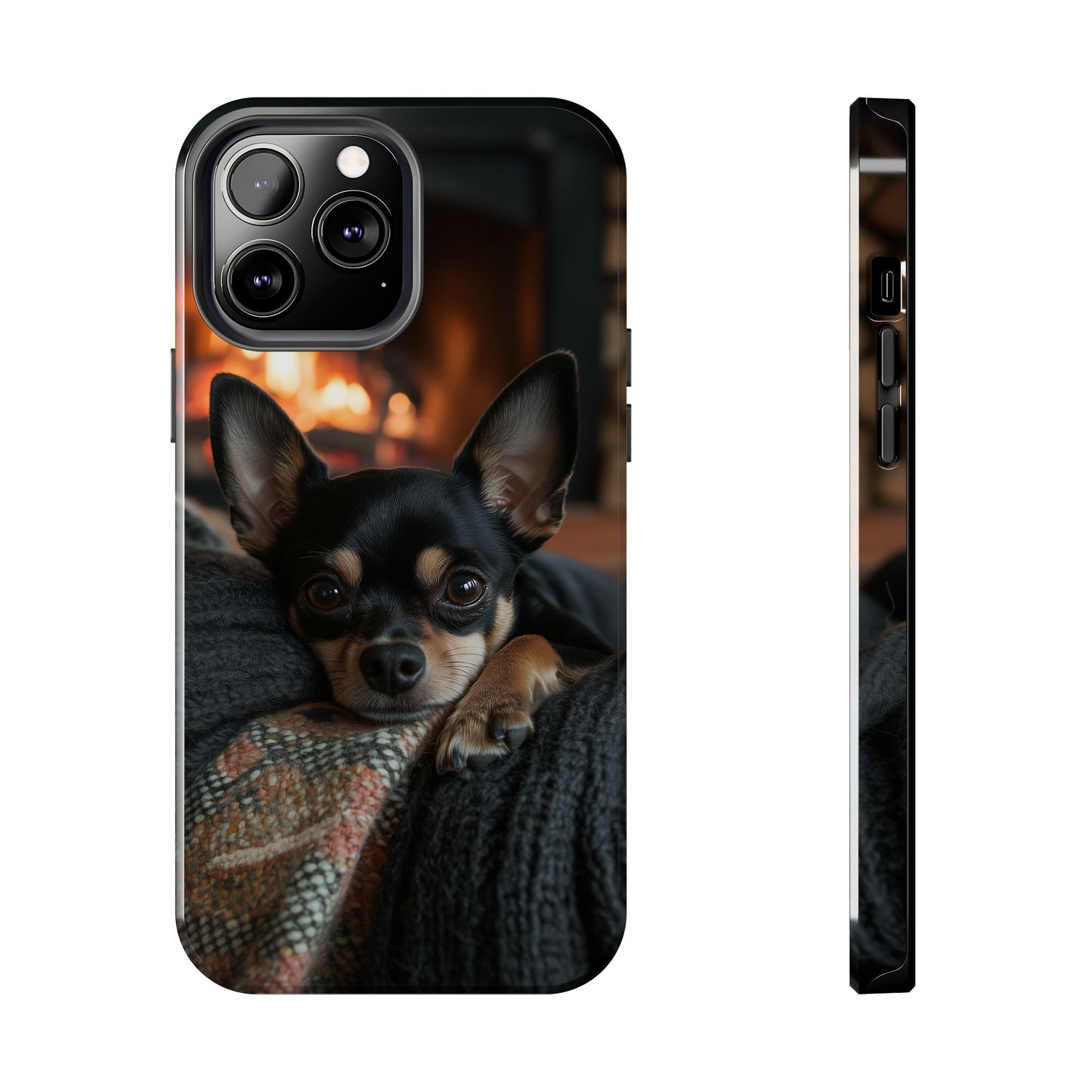 Cozy Chihuahua Fireplace iPhone Case – Warm and Stylish Design