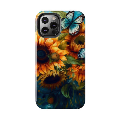 Aqua Blue Butterfly & Sunflower Art – iPhone Case