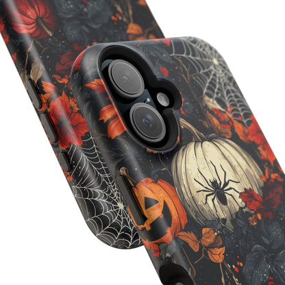 Hauntingly Elegant Halloween MagSafe iPhone Case – Pumpkins, Spiders, and Autumn Leaves Design