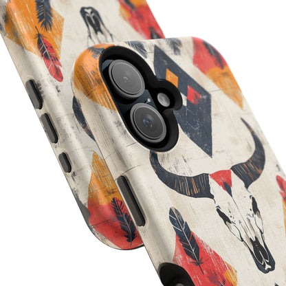 Western Bull Skull & Feathers Tough Mag Safe iPhone Case – Bold Tribal Design, Dual-Layer Protection