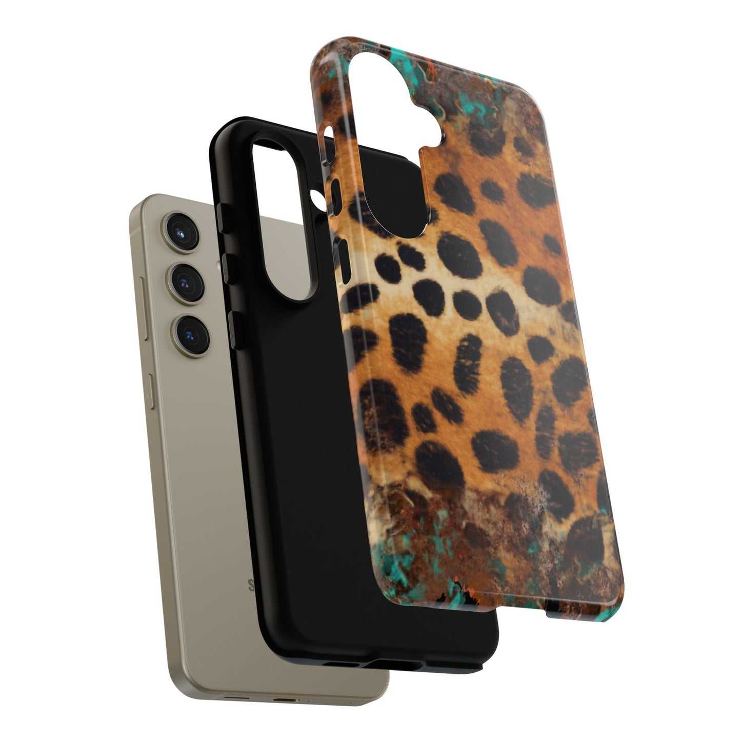 Rustic Leopard Print Tough Samsung Galaxy Case – Distressed Turquoise and Animal Pattern with Dual-Layer Protection