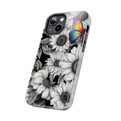 Rainbow Butterflies & Monochrome Sunflowers – iPhone Case