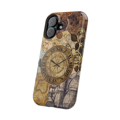 Steampunk Vintage Adventure MagSafe iPhone Case – Dual-Layer Protection with Antique Map and Clock Design