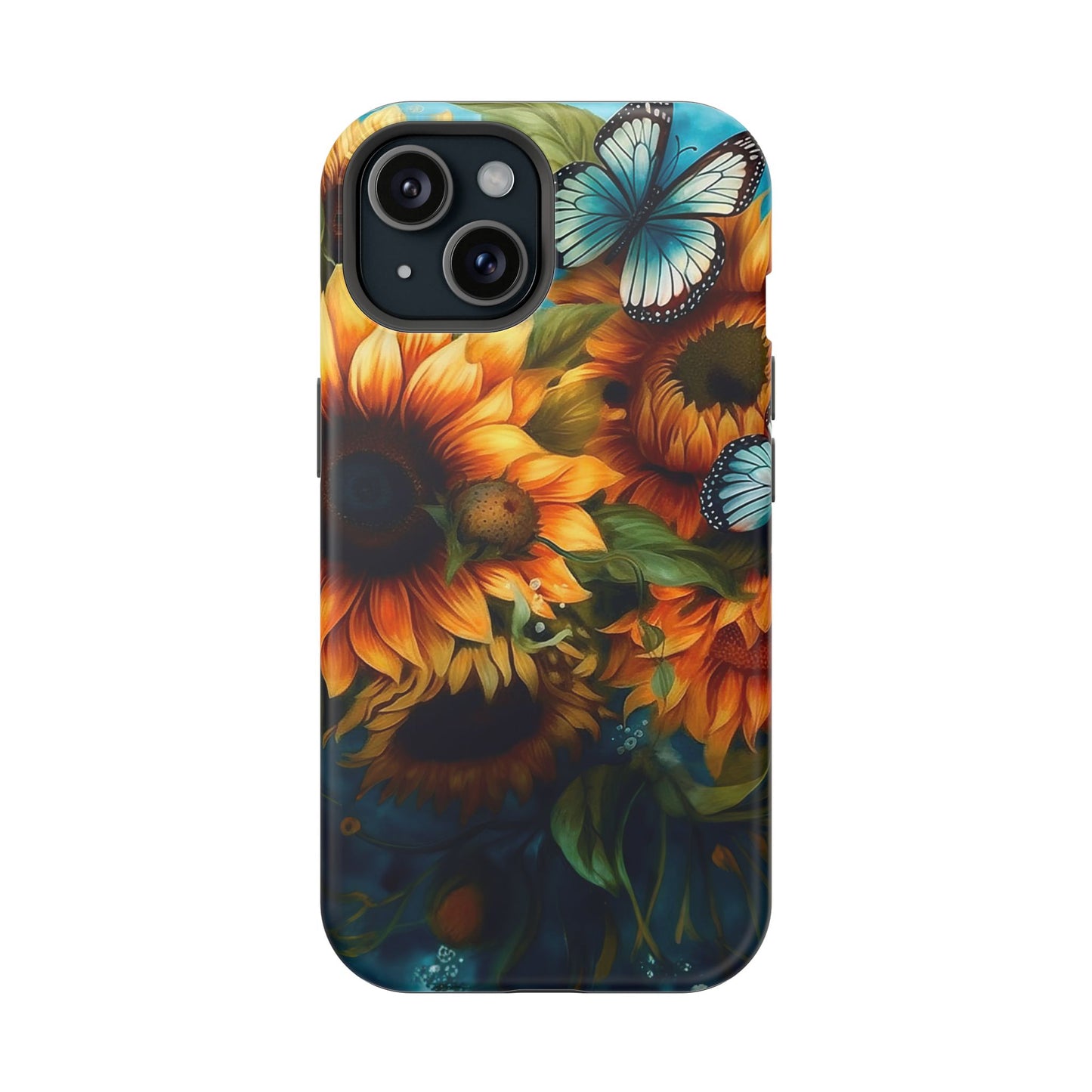 Aqua Blue Butterfly & Sunflower Art – MagSafe iPhone Case