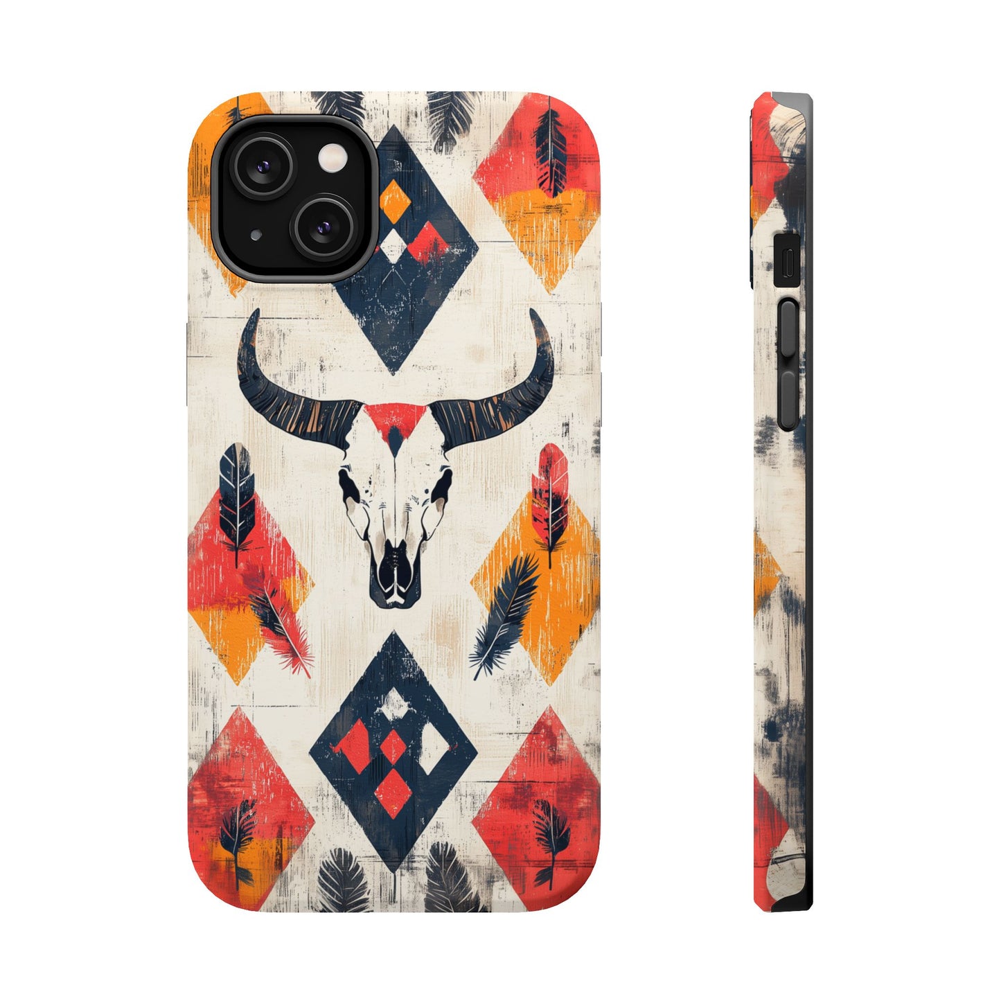 Western Bull Skull & Feathers Tough Mag Safe iPhone Case – Bold Tribal Design, Dual-Layer Protection