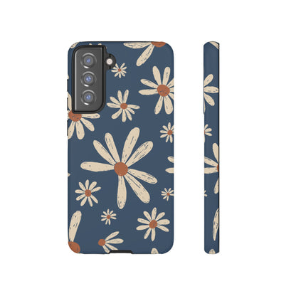 Vintage Daisies Samsung Galaxy Case – Navy Blue Floral Design, Scratch-Resistant with Shock-Absorbing Bumper