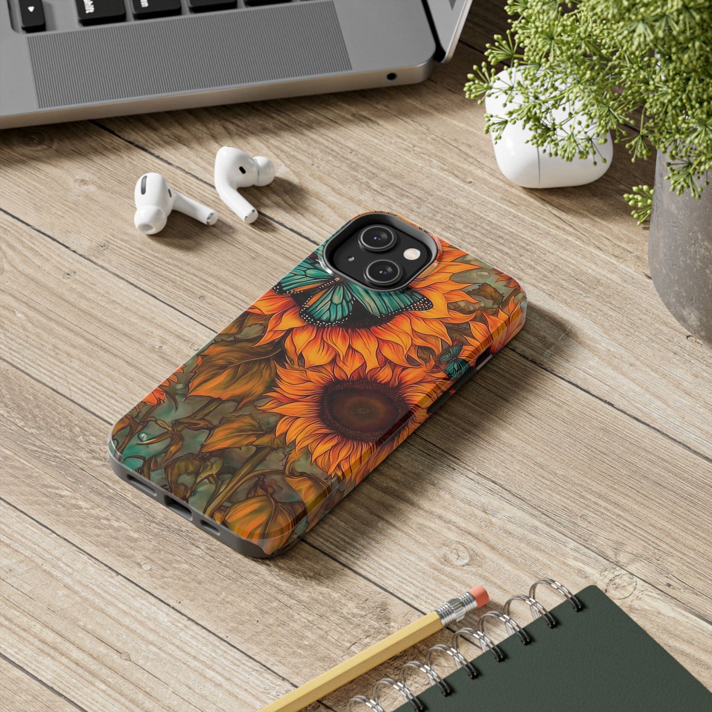 Vintage Blue Butterfly & Sunflower Art – iPhone Case