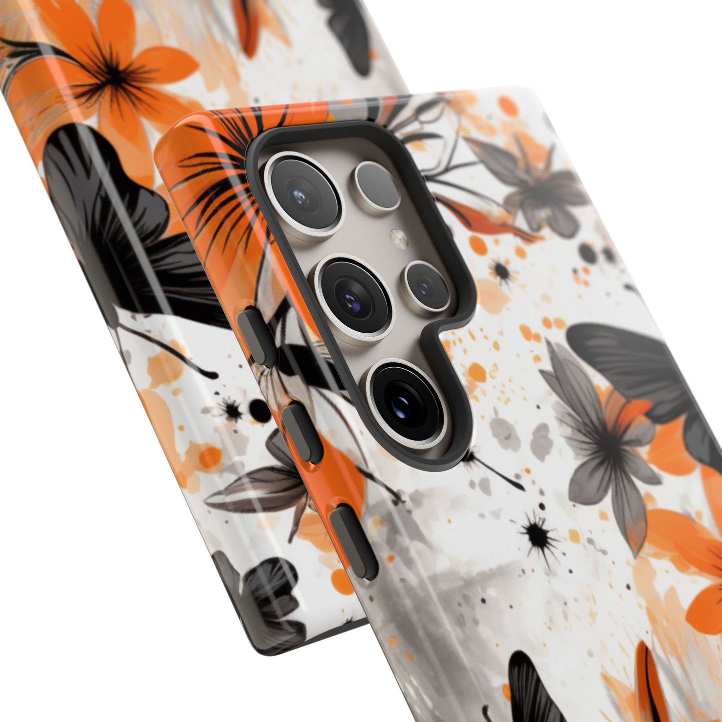 Orange Blossom & Black Butterfly Samsung Galaxy Case – Bold Floral Pattern with Modern Abstract Style