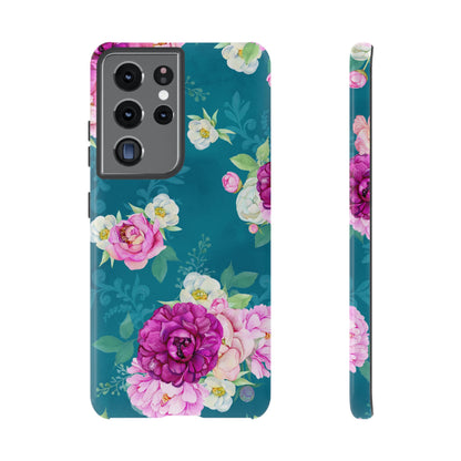 Elegant Peony Bouquet Samsung Galaxy Case – Deep Teal Background with Romantic Floral Design