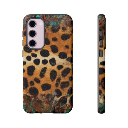 Rustic Leopard Print Tough Samsung Galaxy Case – Distressed Turquoise and Animal Pattern with Dual-Layer Protection