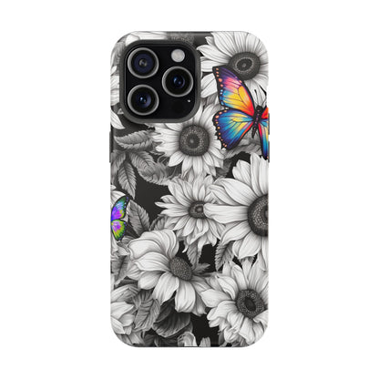 Rainbow Butterflies & Monochrome Sunflowers – MagSafe iPhone Case