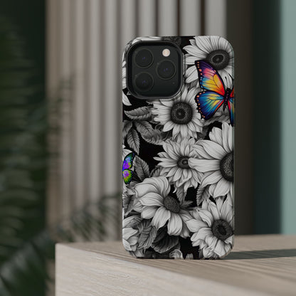 Rainbow Butterflies & Monochrome Sunflowers – MagSafe iPhone Case