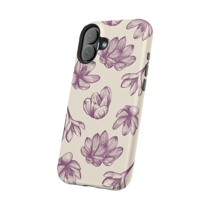 Vintage Botanical Floral Tough MagSafe iPhone Case – Hand-Drawn Purple Flowers, Shockproof Design