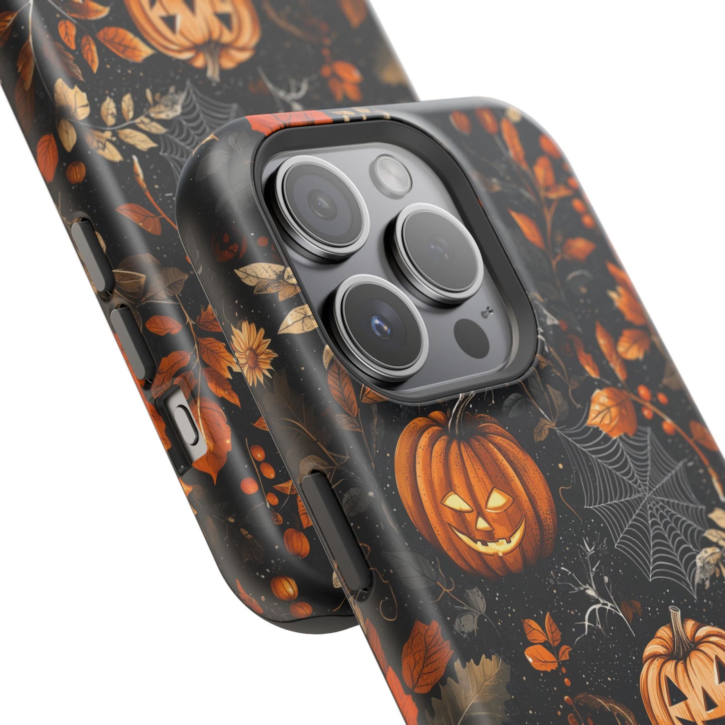 Elegant Halloween MagSafe iPhone Case – Pumpkin Jack-o'-Lanterns, Cobwebs & Autumn Foliage Design