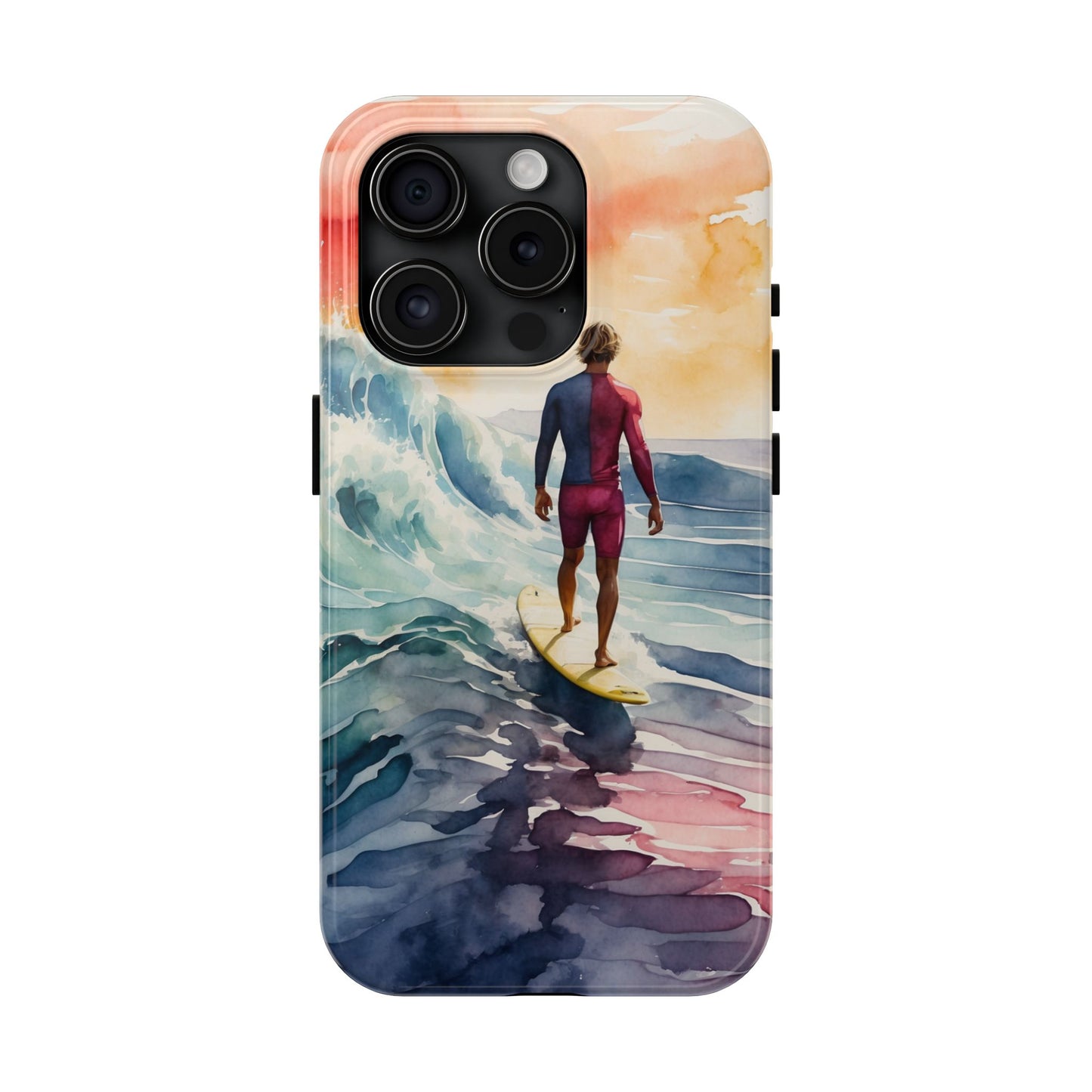 Surfer’s Sunset Wave iPhone Case – Vibrant Watercolor Design