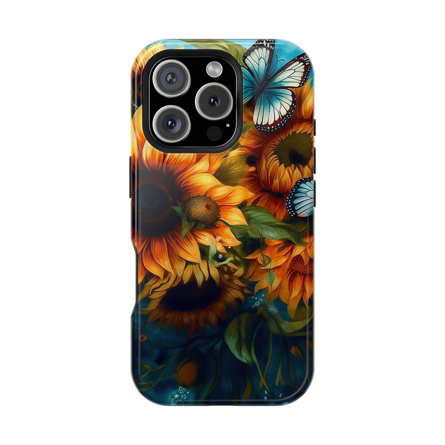 Aqua Blue Butterfly & Sunflower Art – MagSafe iPhone Case