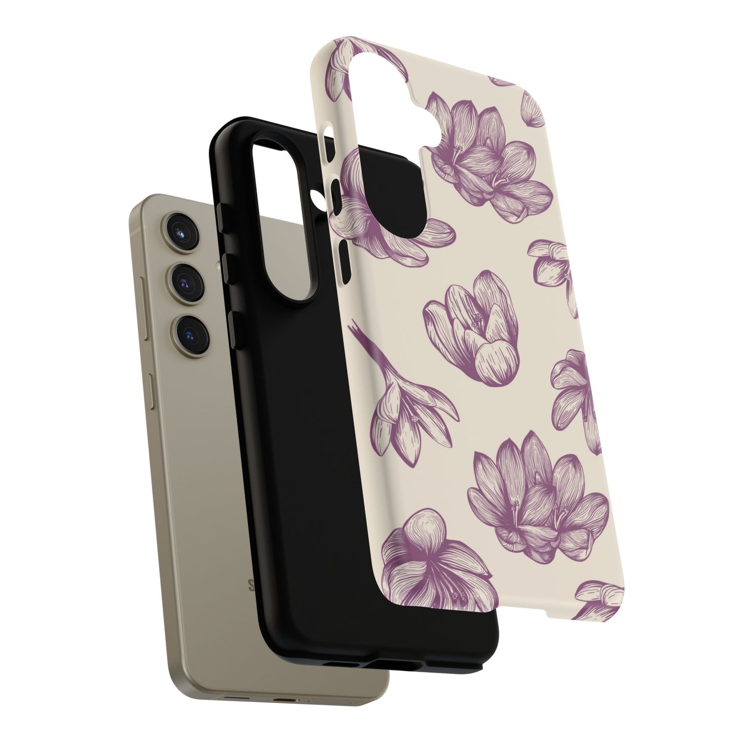 Vintage Botanical Floral Tough Samsung Galaxy Case – Hand - Drawn Purple Flowers, Shockproof Design - BOGO Cases