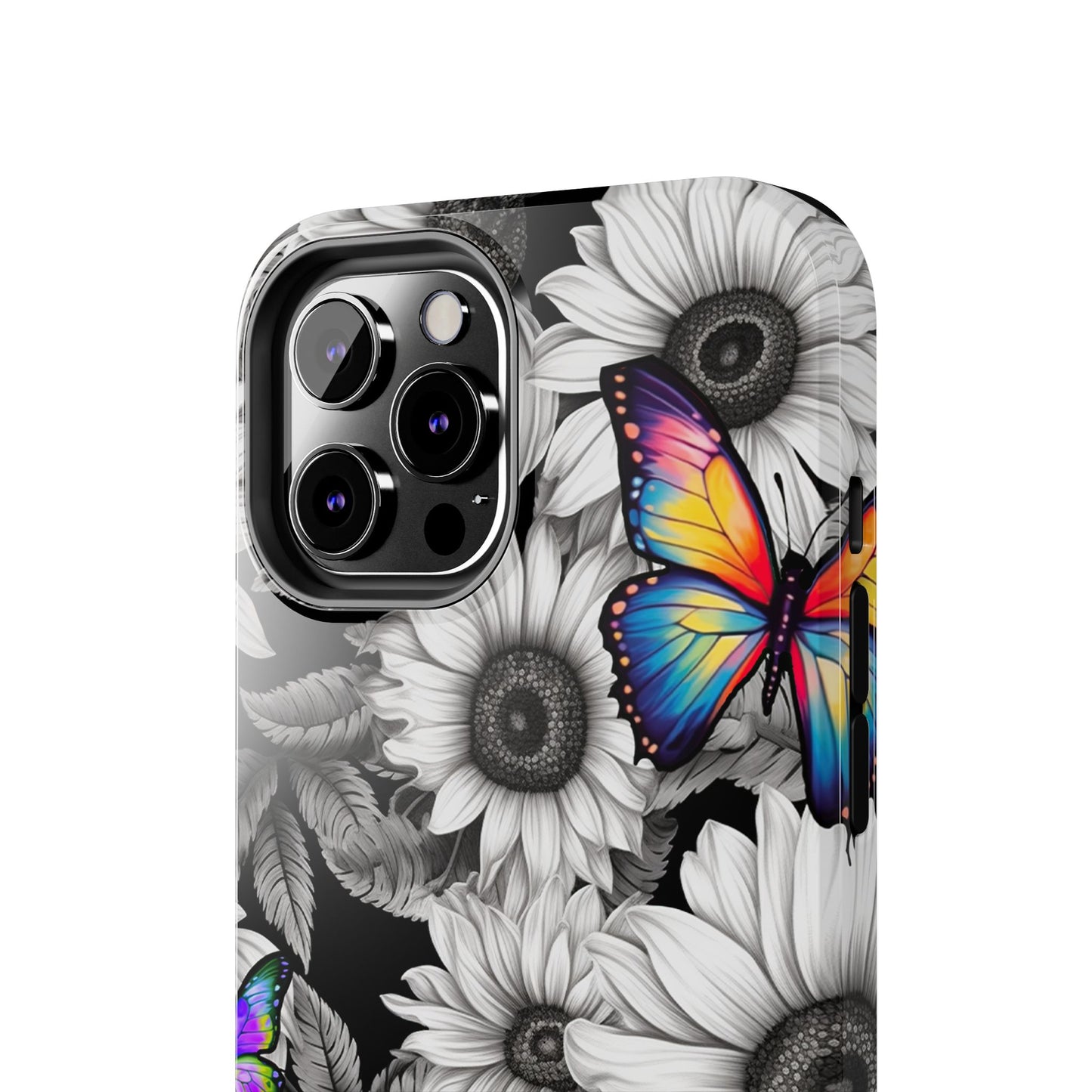 Rainbow Butterflies & Monochrome Sunflowers – iPhone Case