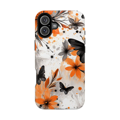 Orange Blossom & Black Butterfly MagSafe iPhone Case – Bold Floral Pattern with Modern Abstract Style