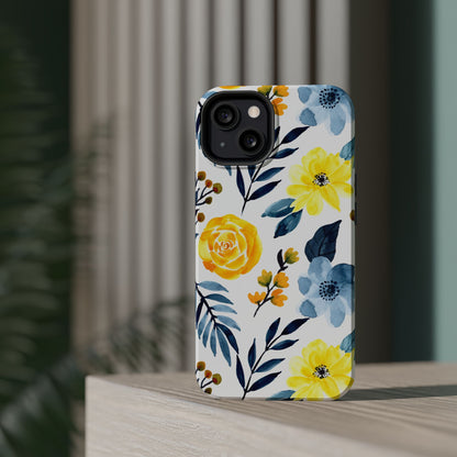 Golden Yellow & Sky Blue Floral – Watercolor Botanical MagSafe iPhone Case