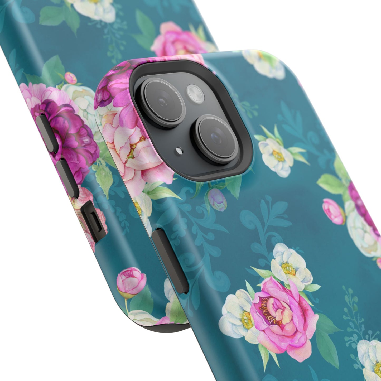 Elegant Peony Bouquet MagSafe iPhone Case – Deep Teal Background with Romantic Floral Design