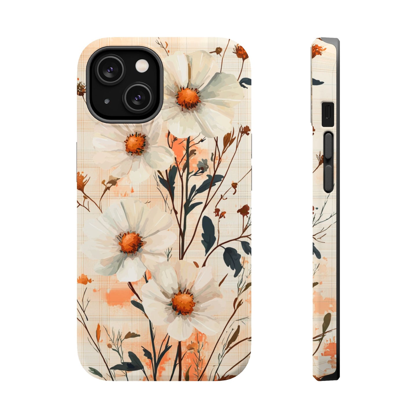 Pastel Orange Floral MagSafe iPhone Case - Elegant Plaid Protective Cover