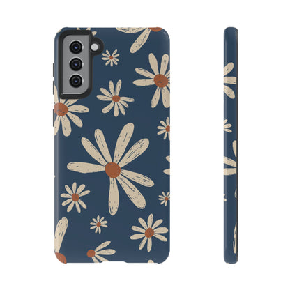 Vintage Daisies Samsung Galaxy Case – Navy Blue Floral Design, Scratch-Resistant with Shock-Absorbing Bumper