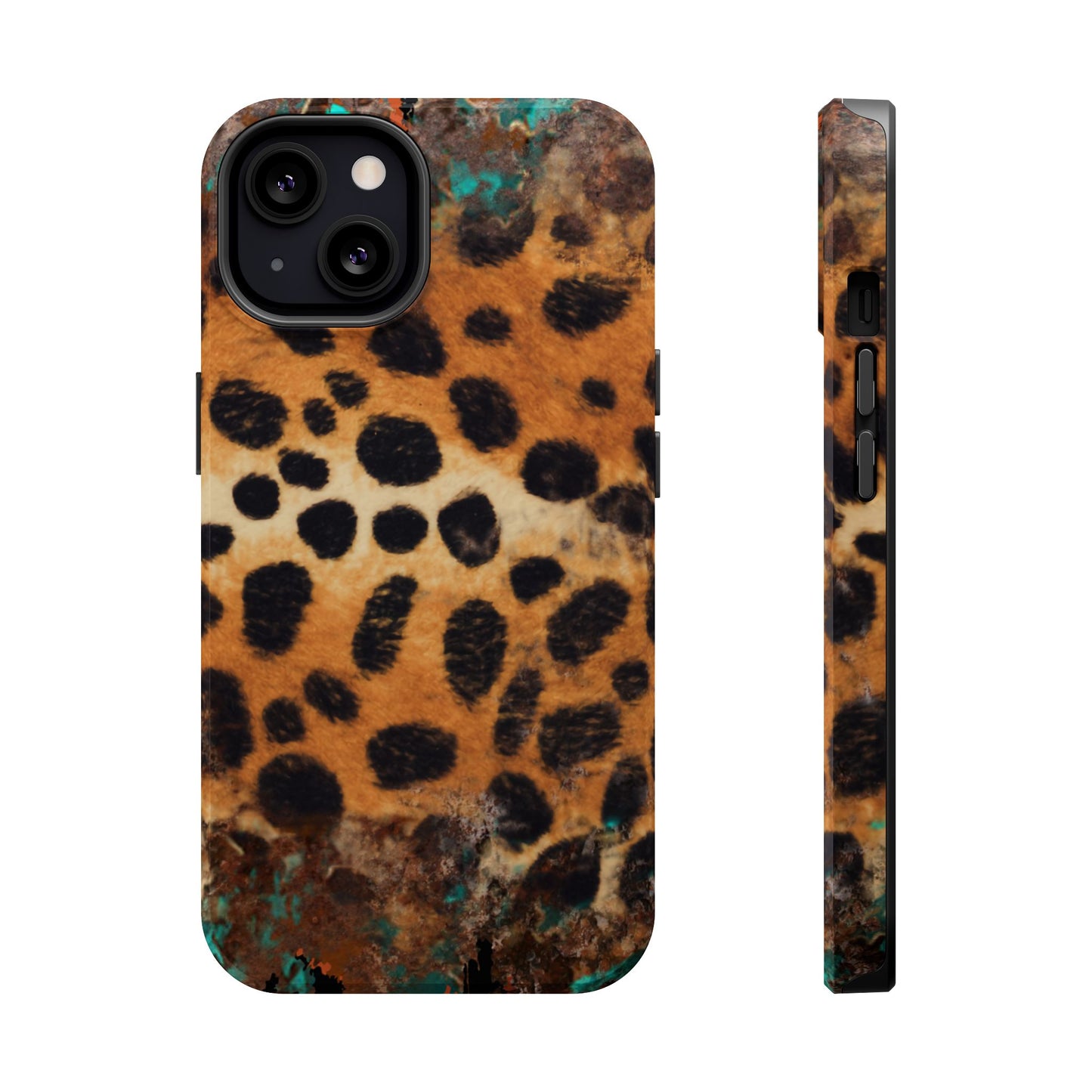 Rustic Leopard Print Tough MagSafe iPhone Case – Distressed Turquoise and Animal Pattern with Dual-Layer Protection