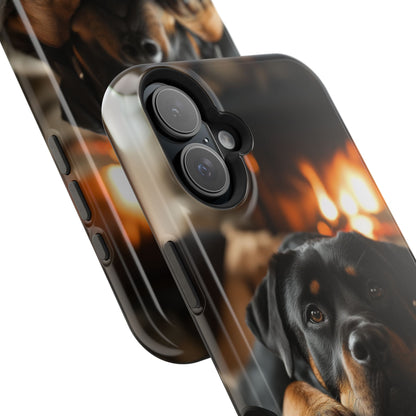 Cozy Rottweiler by the Fireplace MagSafe iPhone Case – Warm Rustic Design