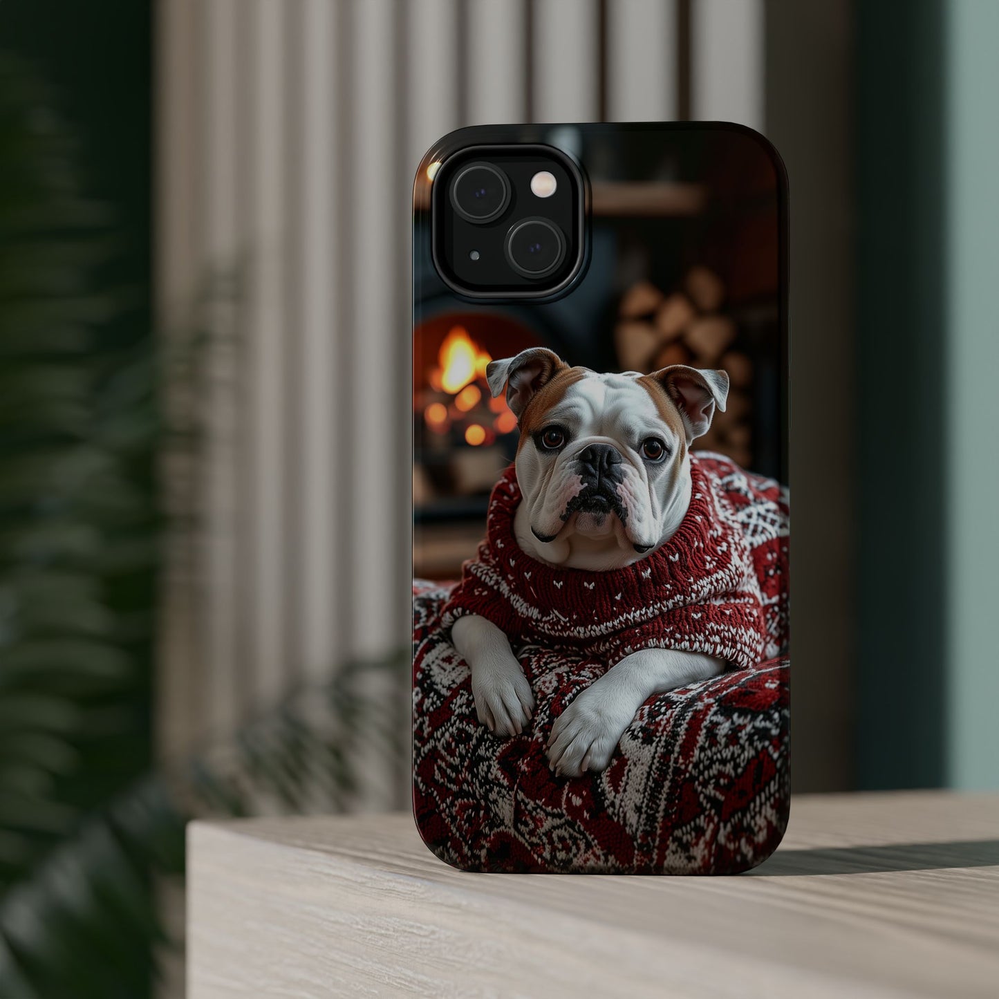 Cozy Bulldog in Sweater MagSafe iPhone Case – Festive Fireplace Protective Cover