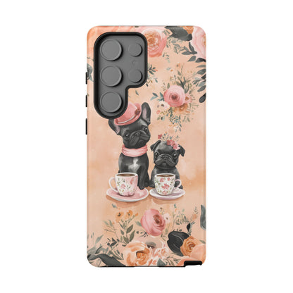 Floral French Bulldogs Samsung Galaxy Case – Elegant Dog Design with Tea Cups & Roses, Shockproof Protection