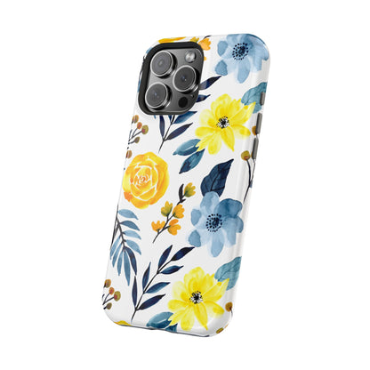 Golden Yellow & Sky Blue Floral – Watercolor Botanical MagSafe iPhone Case