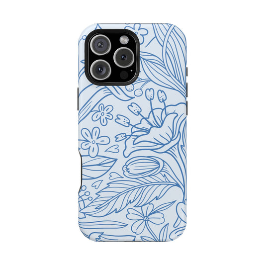 Dusty Blue Floral Line Art Tough MagSafe iPhone Case – Minimalist Botanical Design with Dual-Layer Protection