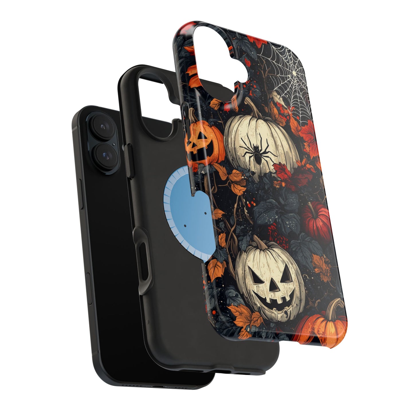 Hauntingly Elegant Halloween MagSafe iPhone Case – Pumpkins, Spiders, and Autumn Leaves Design