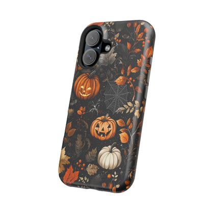 Elegant Halloween MagSafe iPhone Case – Pumpkin Jack-o'-Lanterns, Cobwebs & Autumn Foliage Design