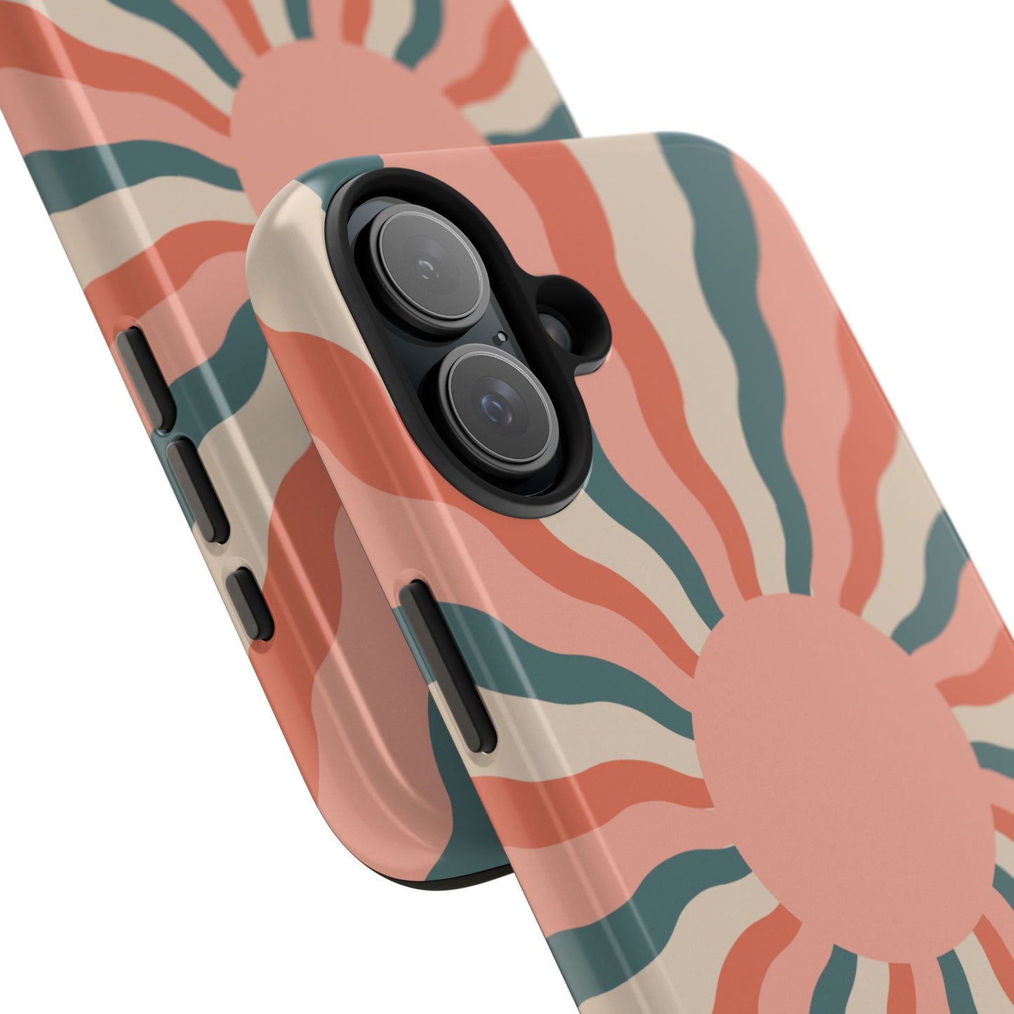 Retro Sunburst iPhone Case – Bold 70s-Inspired Waves in Coral, Teal, and Cream