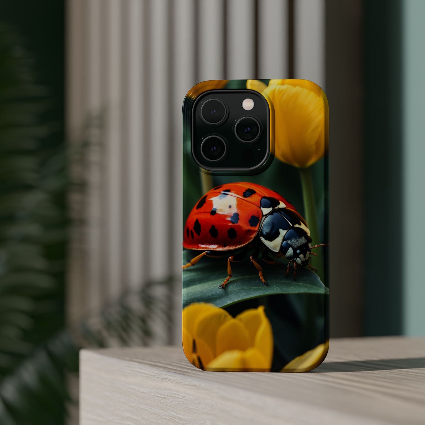 MagSafe iPhone Case: Vibrant Ladybug Amidst a Lush Yellow Flower Garden