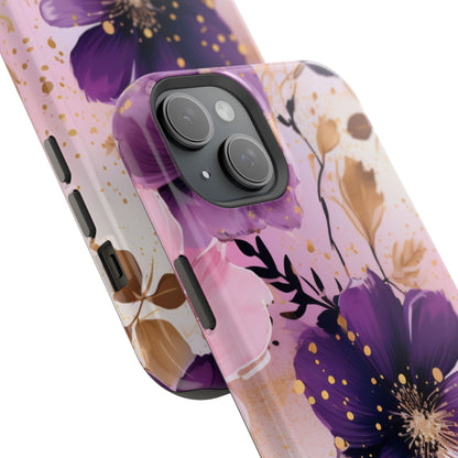 Elegant Purple & Gold Floral MagSafe iPhone Case - Luxe Flower Design