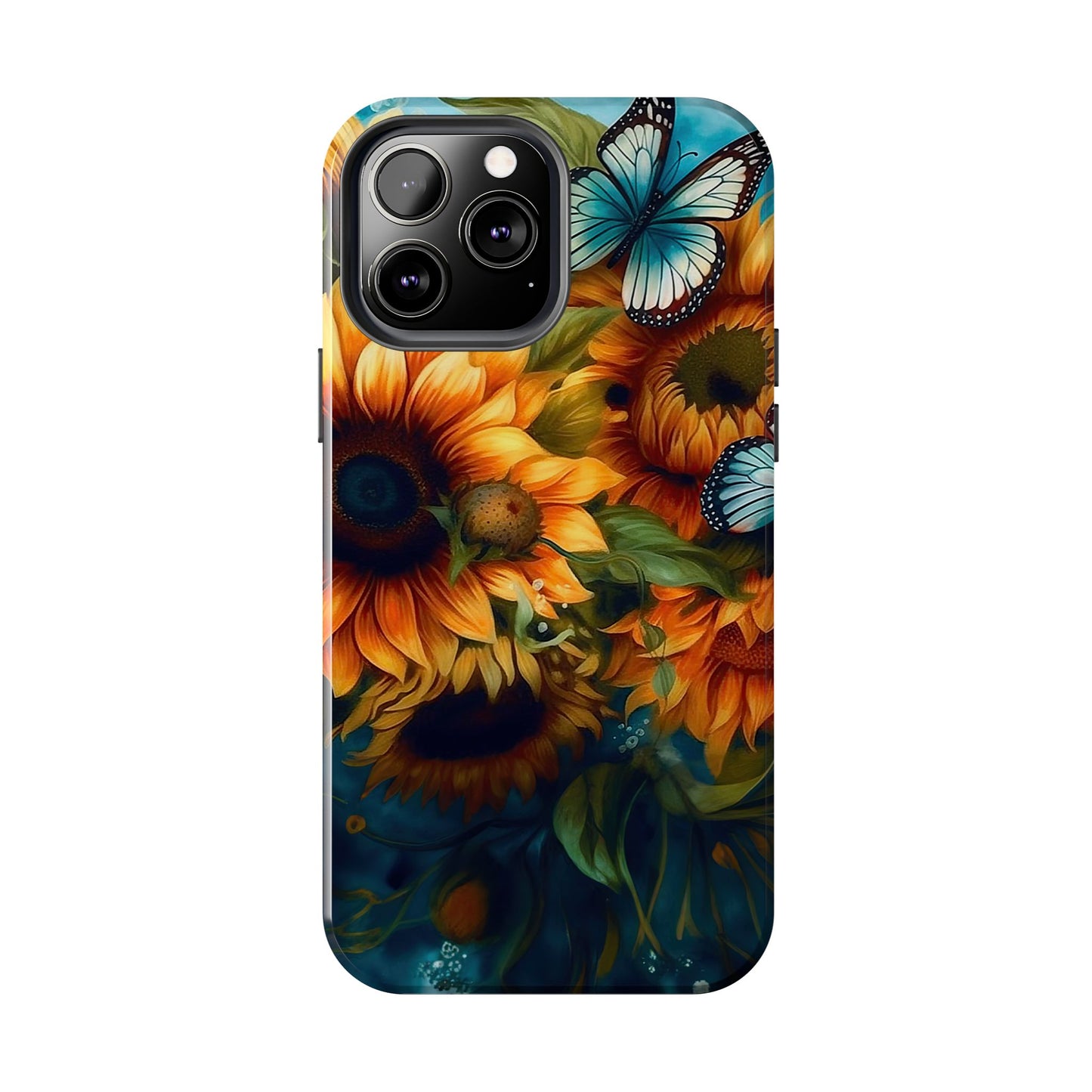 Aqua Blue Butterfly & Sunflower Art – iPhone Case