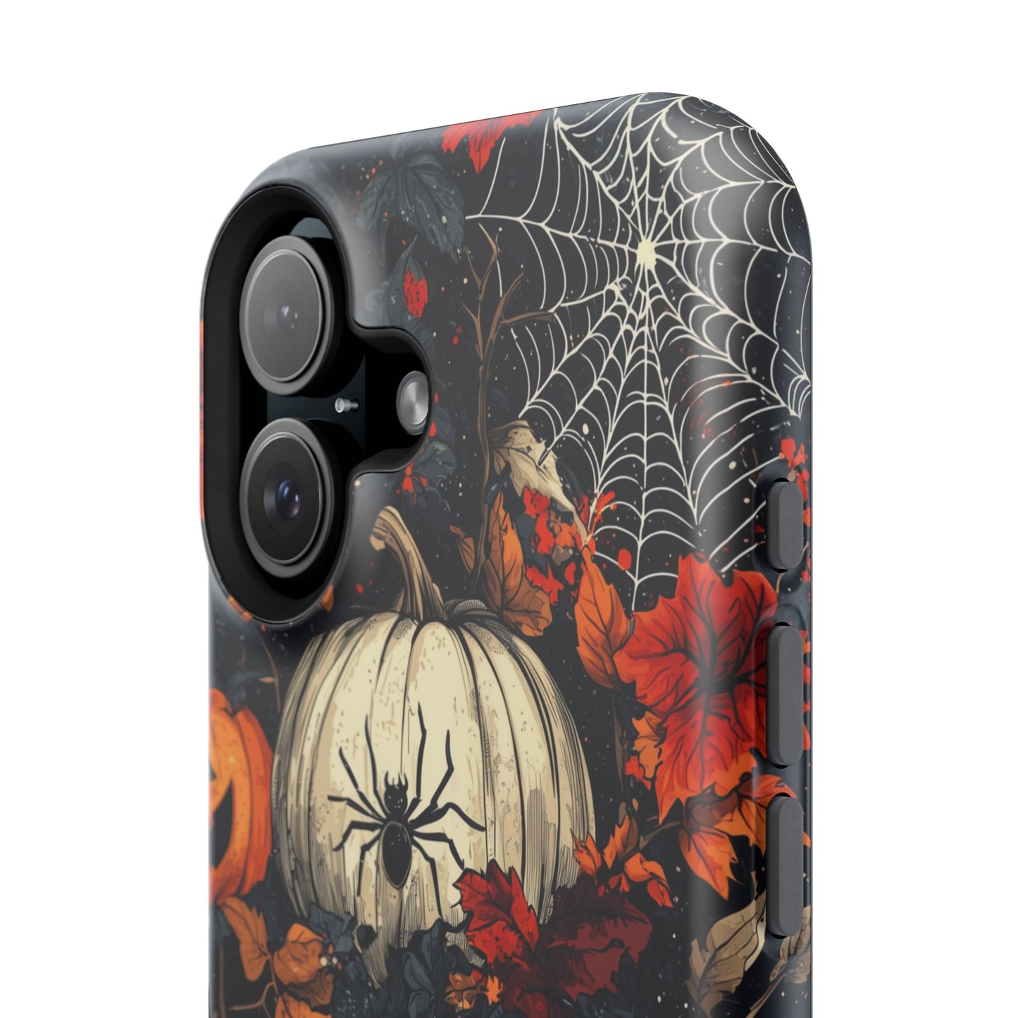 Hauntingly Elegant Halloween MagSafe iPhone Case – Pumpkins, Spiders, and Autumn Leaves Design