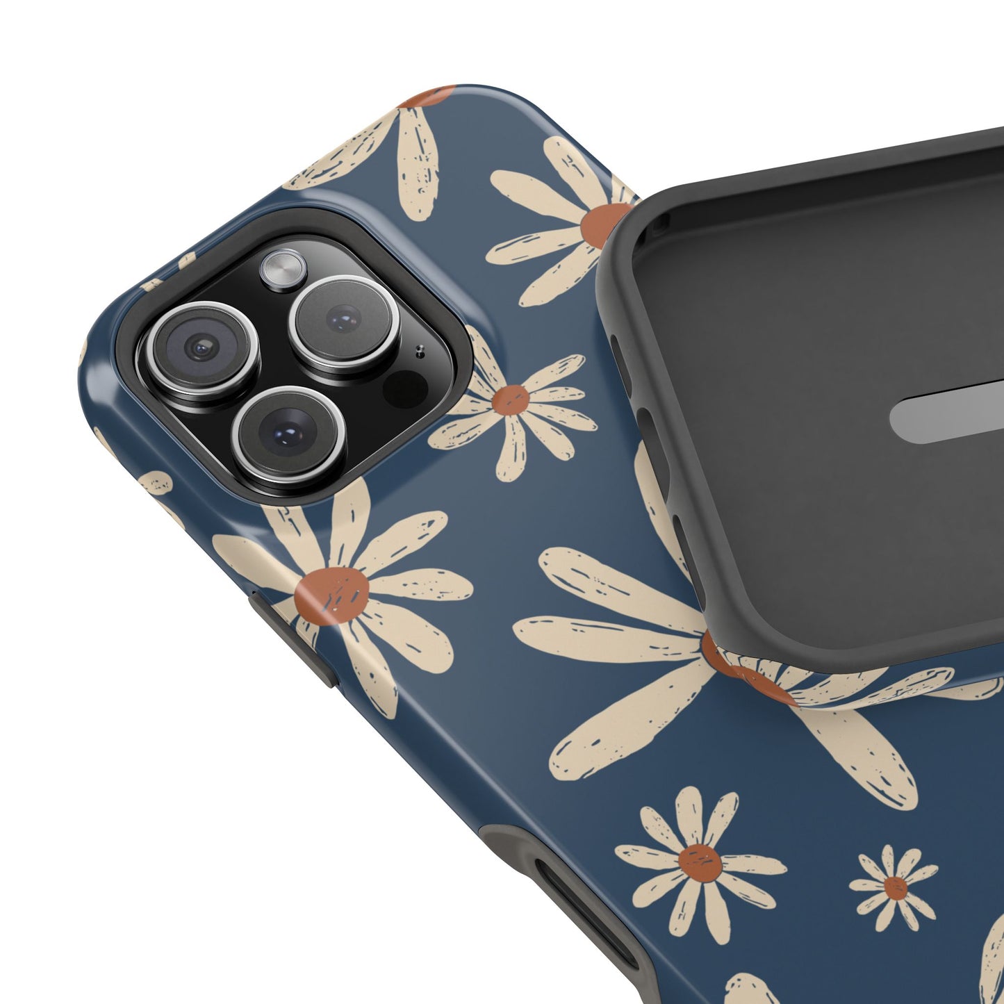 Vintage Daisies MagSafe iPhone Case – Navy Blue Floral Design, Scratch-Resistant with Shock-Absorbing Bumper