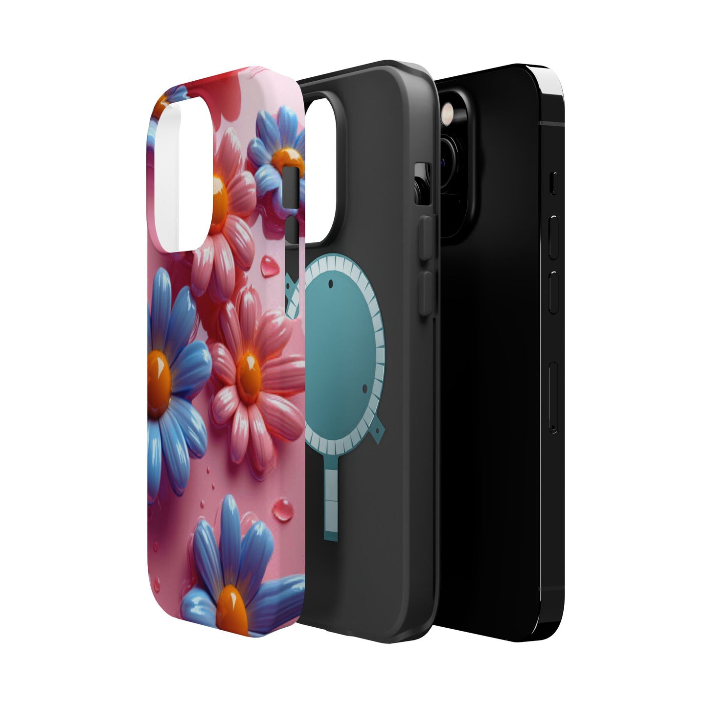 Pastel Daisy 3D MagSafe iPhone Case – Glossy Pink and Blue Floral Design, Full Protection